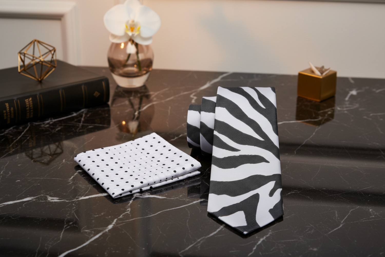 Alt View: Light Grey, Black Zebra Pattern Necktie and White with Black and White Dots Square