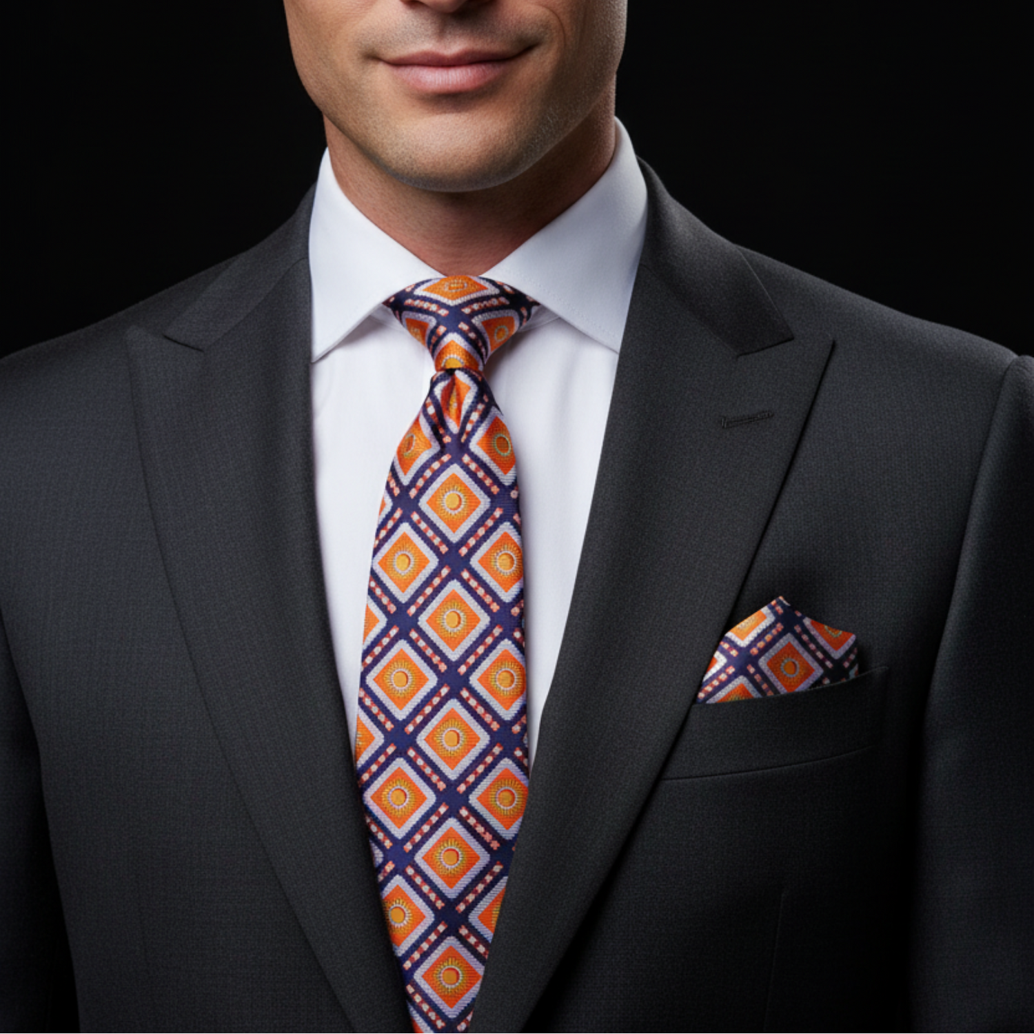 Man wearing a dark suit with an orange and blue patterned tie and pocket square on a black background
