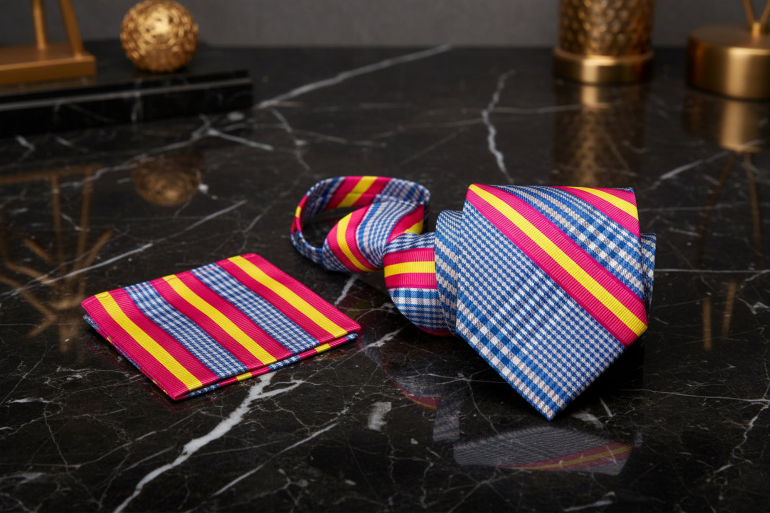 Zip: Blue Plaid With Yellow Pink Stripe Necktie and Square