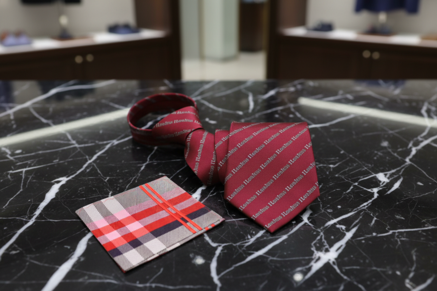 A Red Necktie and Accenting Plaid Square