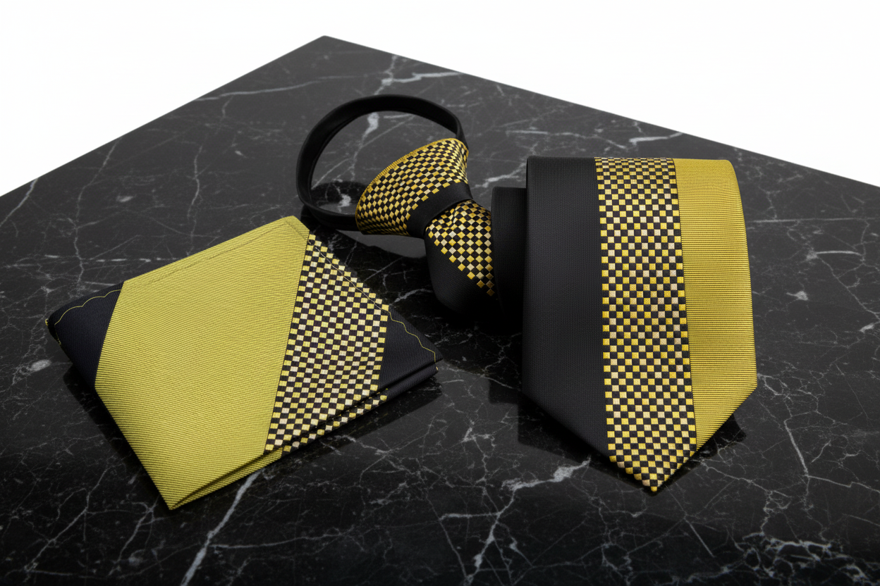Zipper: Gold and Black Small Check Necktie and Matching Square