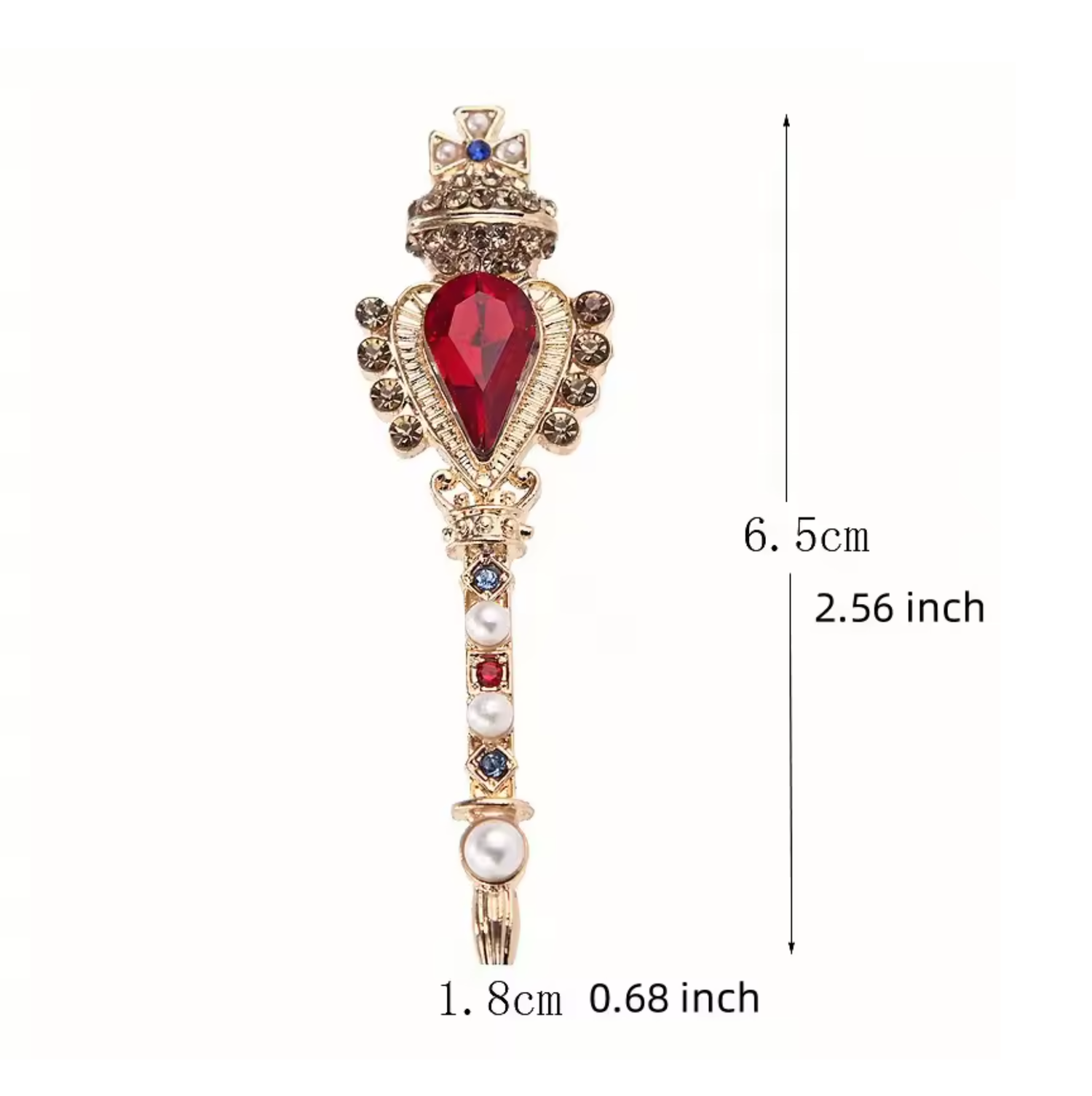 A gold-tone decorative staff or scepter with a large red teardrop gemstone, pearl-like white beads, and small blue and red accents, shown on a white background with height and width measurements labeled.