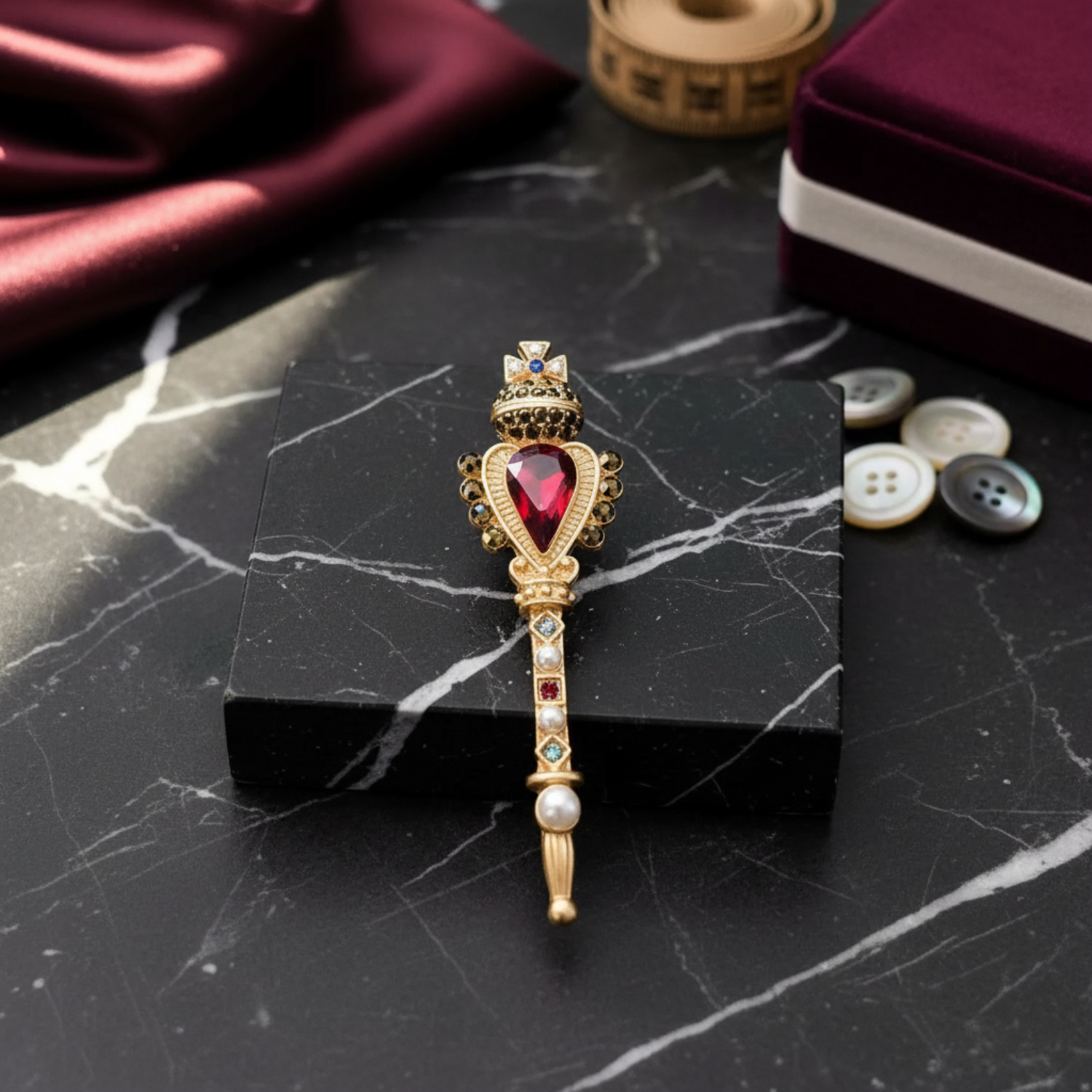 An ornate gold-toned decorative brooch or pin featuring a large heart-shaped red gemstone, small colored stones, a white pearl, and a jeweled top, photographed on a dark textured surface next to a brown envelope.
