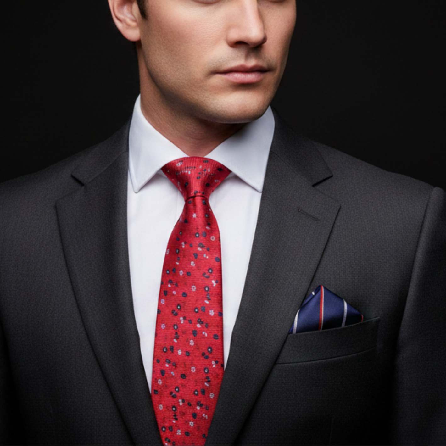Man wearing a dark suit with a red tie and white shirt against a black background