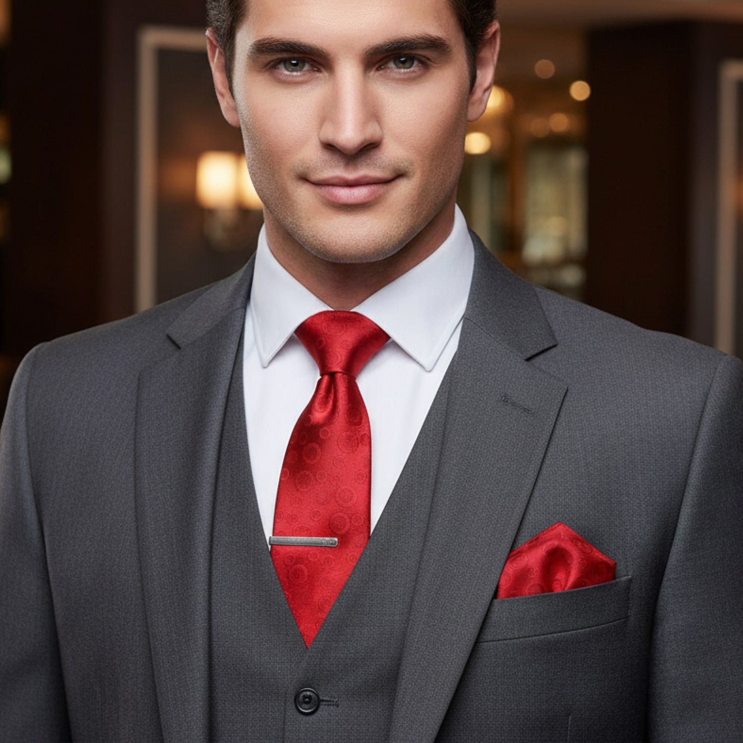 Man wearing a gray suit with a red tie and pocket square in an indoor setting