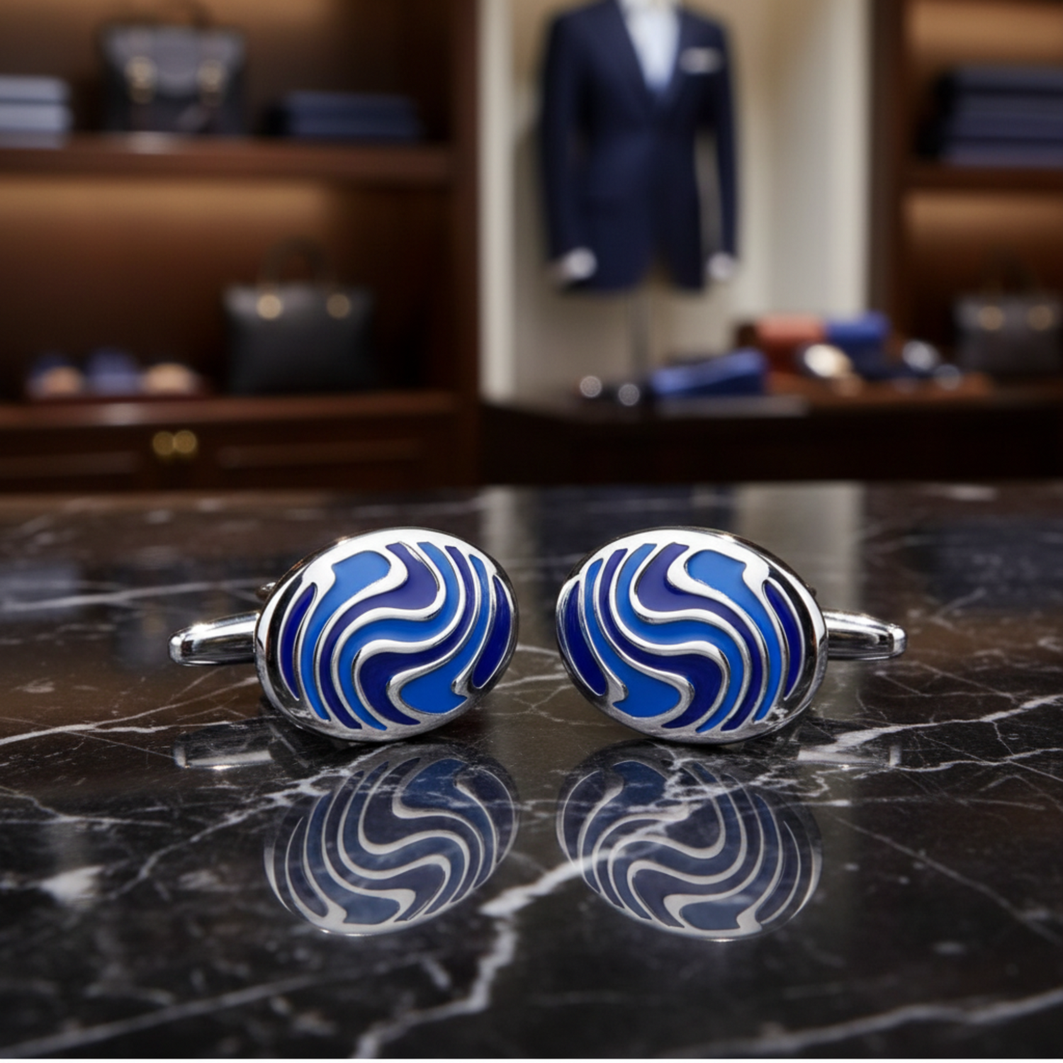 chrome and blue cufflinks