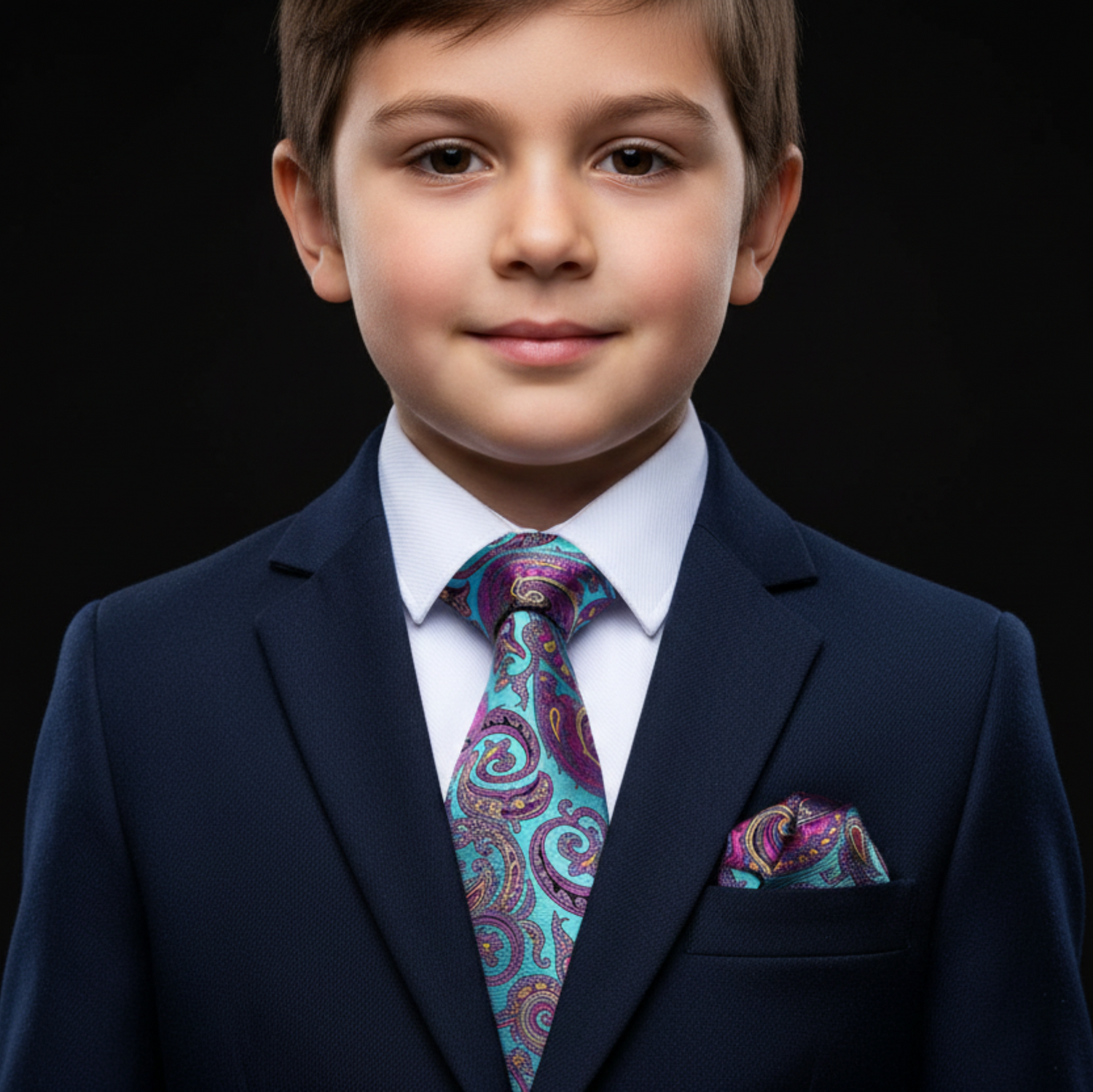 Young boy in a navy suit with a colorful tie and pocket square on a black background