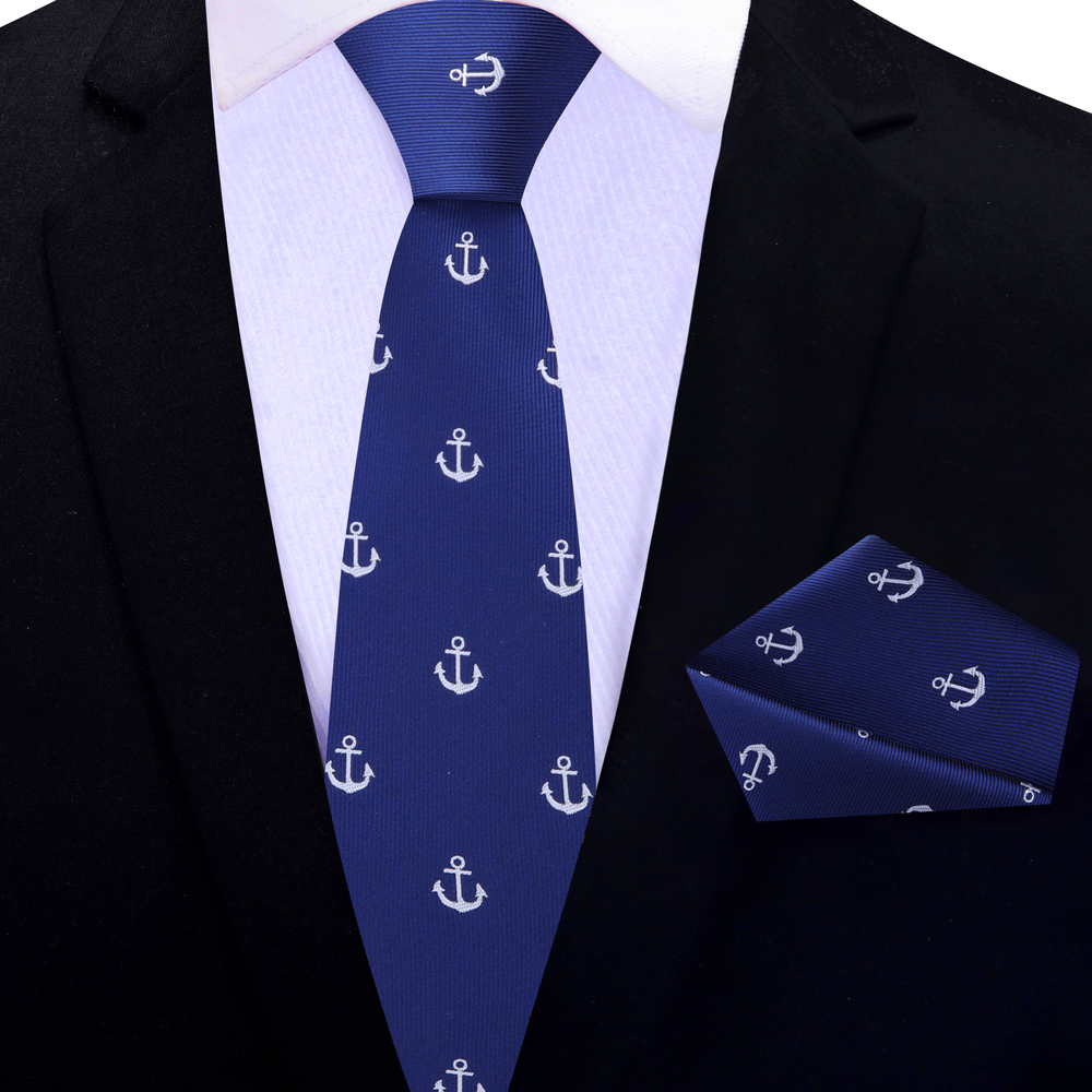 Thin Blue, White Anchor Thin Tie and Square