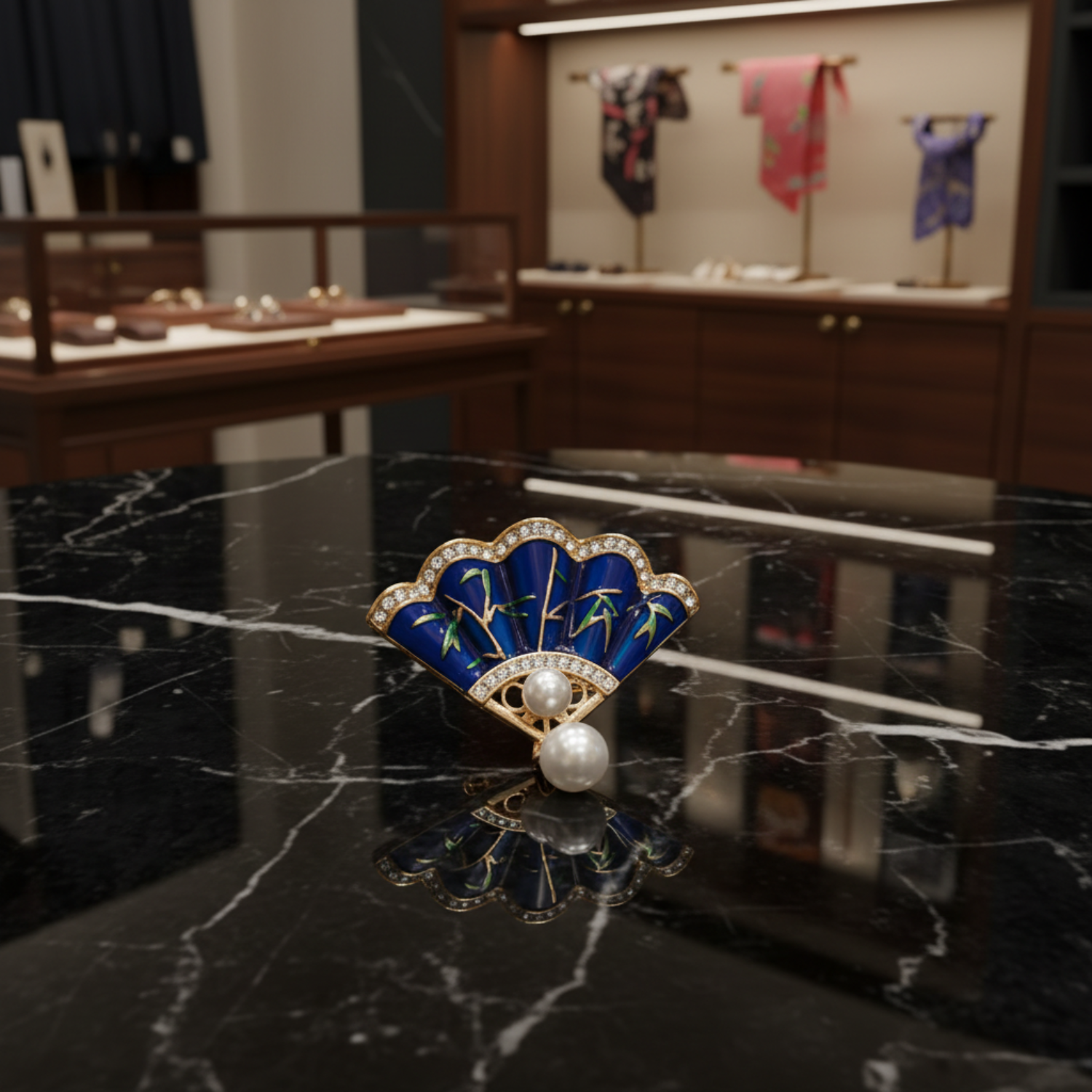 A fan-shaped brooch with a deep blue enamel background, gold-tone metal borders, green bamboo motifs, a central white pearl, and a dangling white pearl, shown on a dark green background with size text at the bottom. 