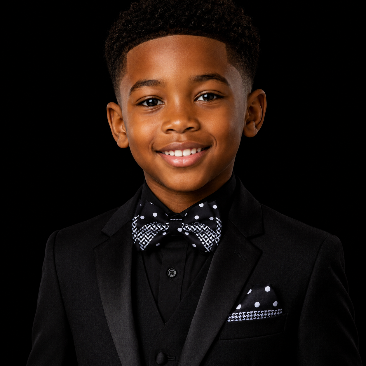 Young boy in a black suit with a polka dot bow tie and pocket square on a black background