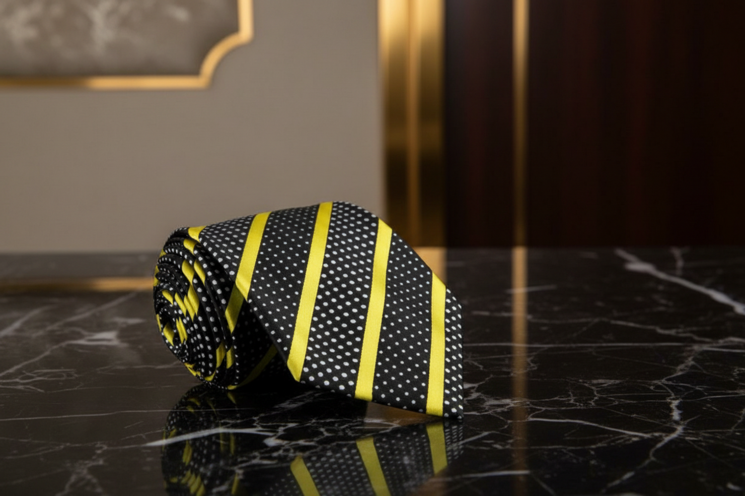 A black and yellow tie