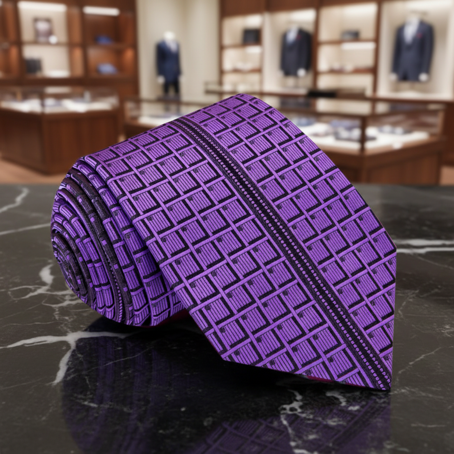 A purple geometric waffle pattern necktie laid out on a wooden surface with a blurred green background.