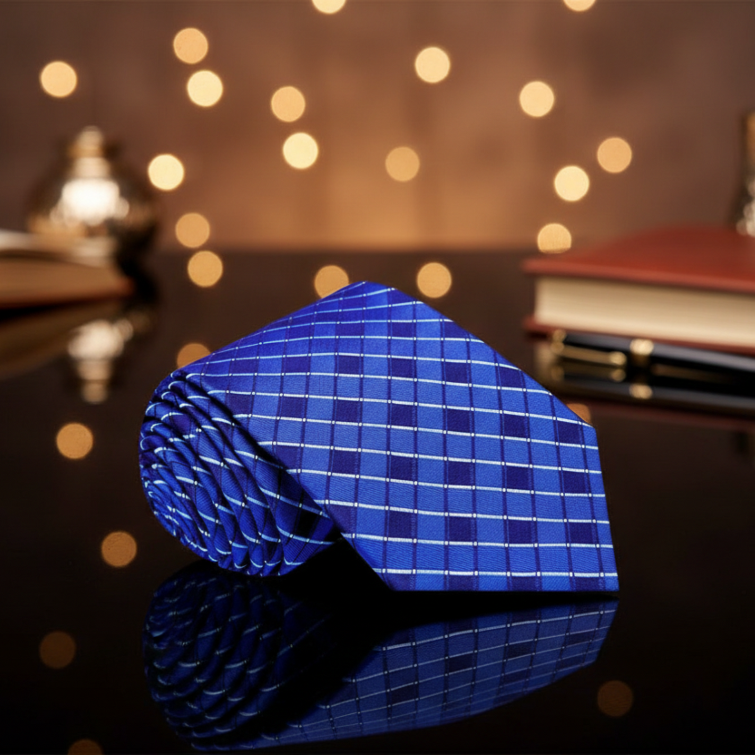 A folded necktie with a geometric pattern