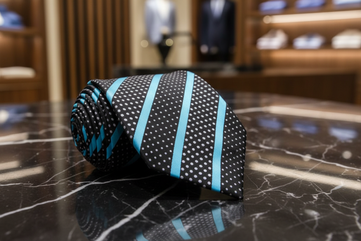 A black and light blue tie