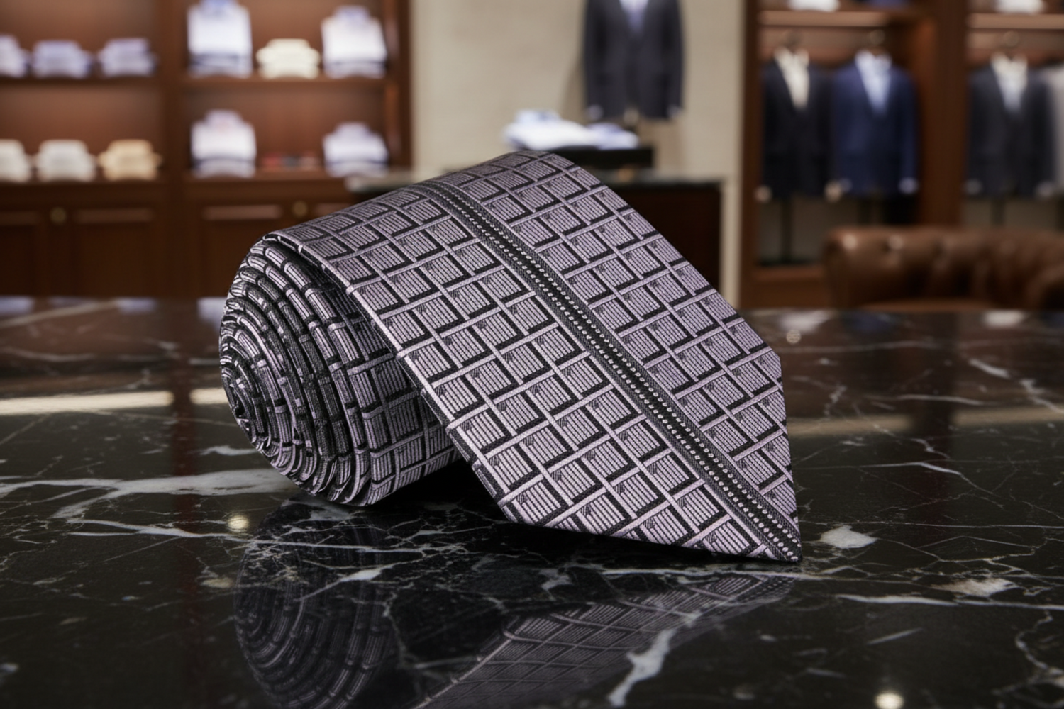 Roll of black and white checkered fabric on a wooden surface with a blurred green background