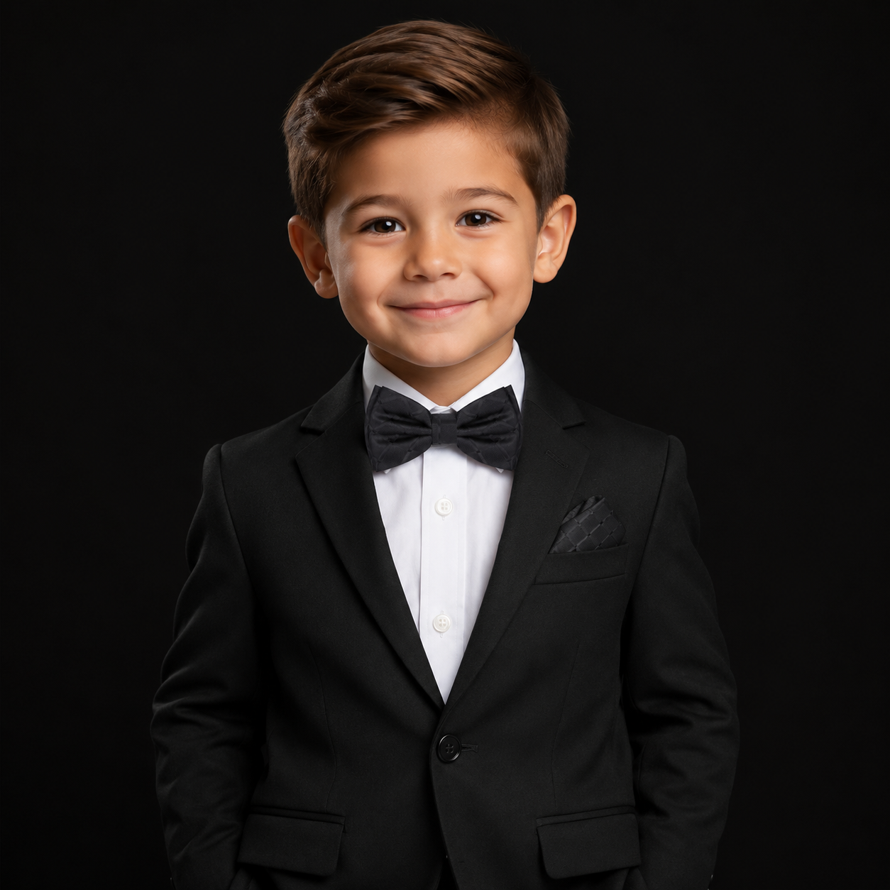 Young boy in a black suit and bow tie against a black background