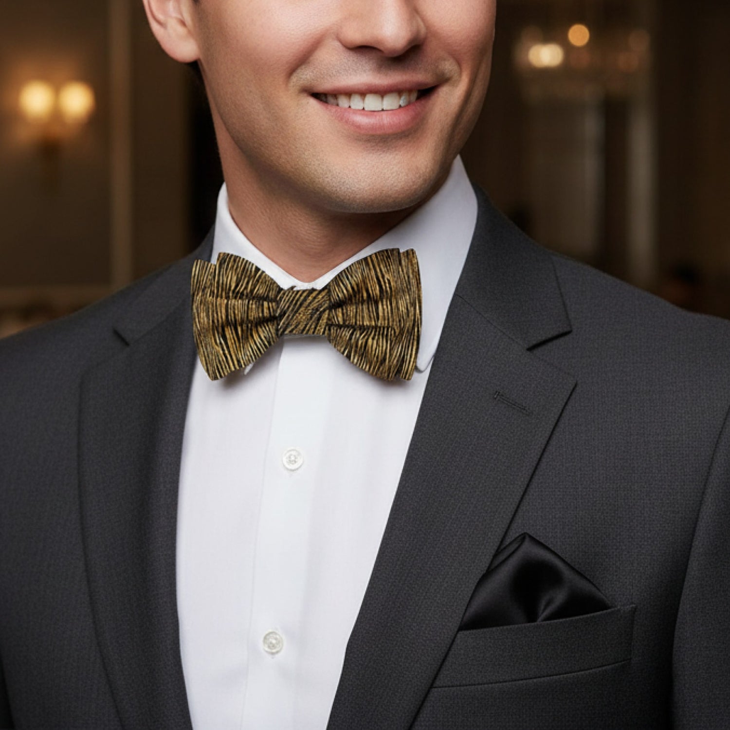 Man wearing a black suit with a white shirt and gold bow tie indoors.