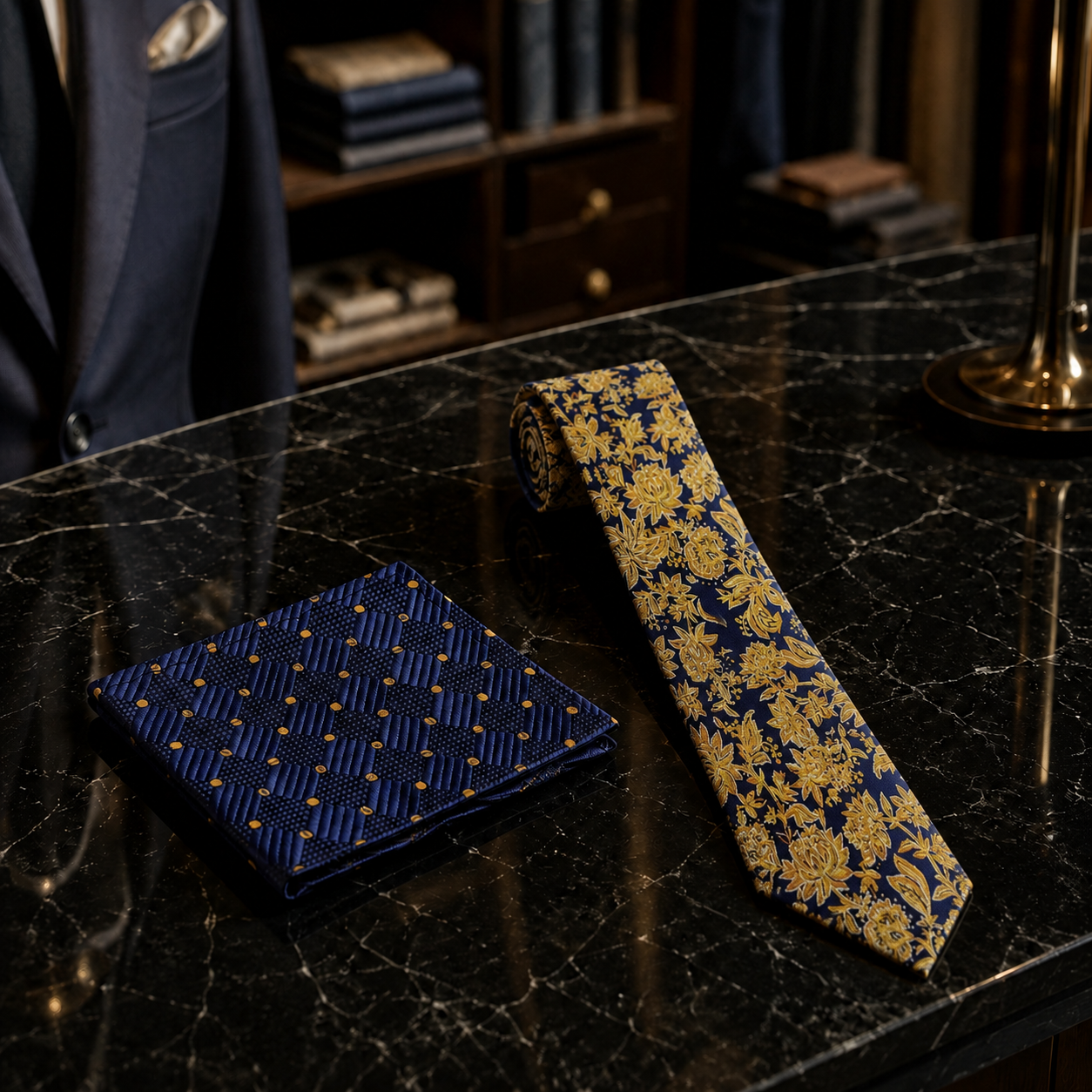 Dark Blue & Antique Gold Floral Necktie