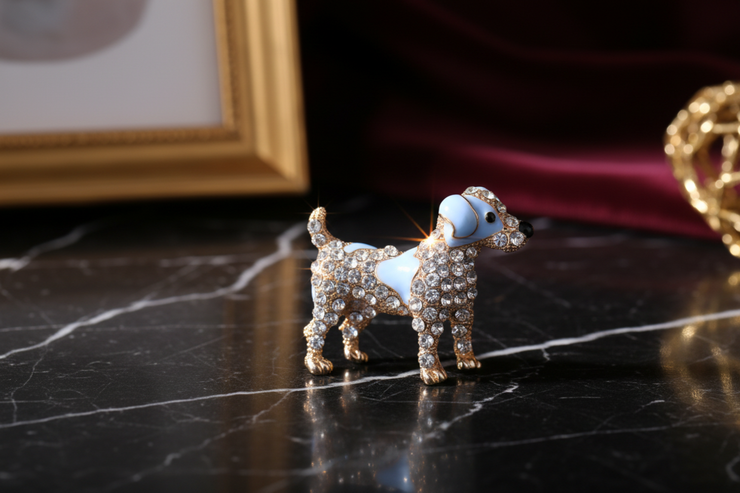 Dog-shaped brooch with blue body and rhinestone details 