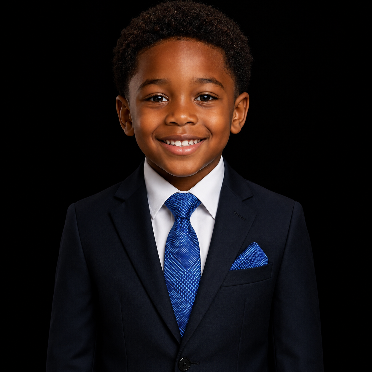 Young boy in a suit with a blue tie and pocket square on a black background