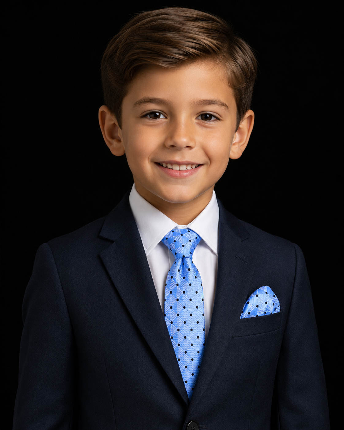blue geometric tie and square on suit 