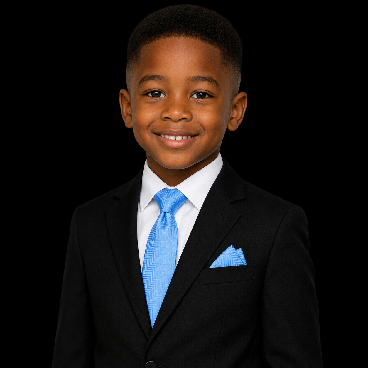 Sky blue tie and square on boy with suit