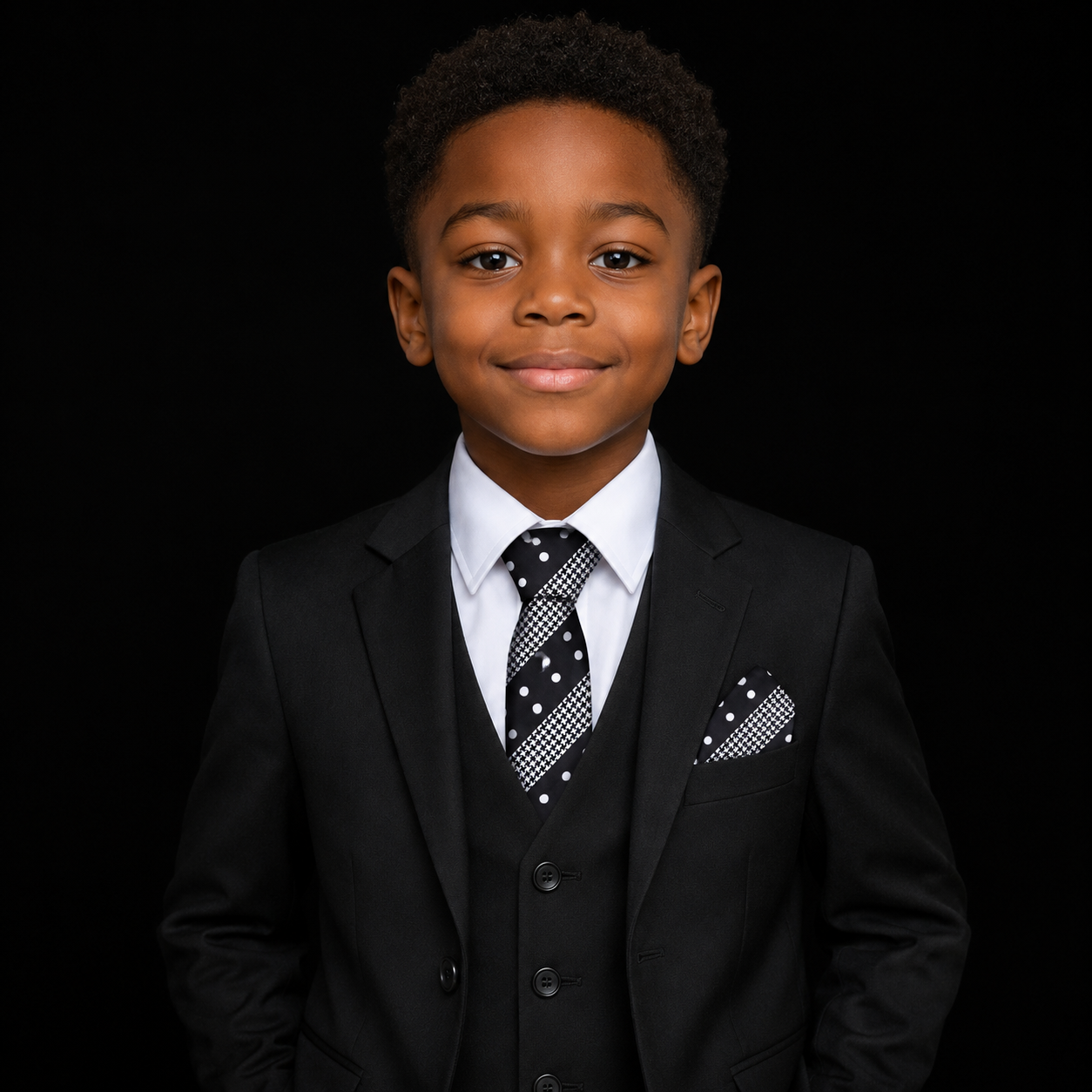 Young boy in a formal black suit with a white shirt and polka dot tie on a black background