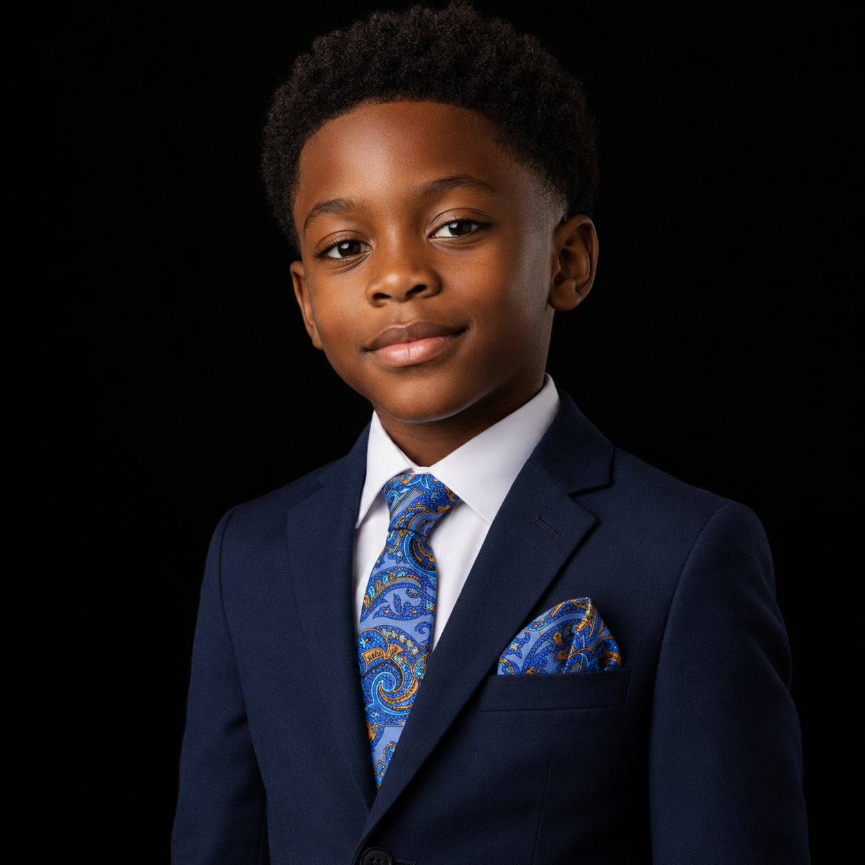 Young boy in a navy suit with a blue patterned tie and pocket square on a black background