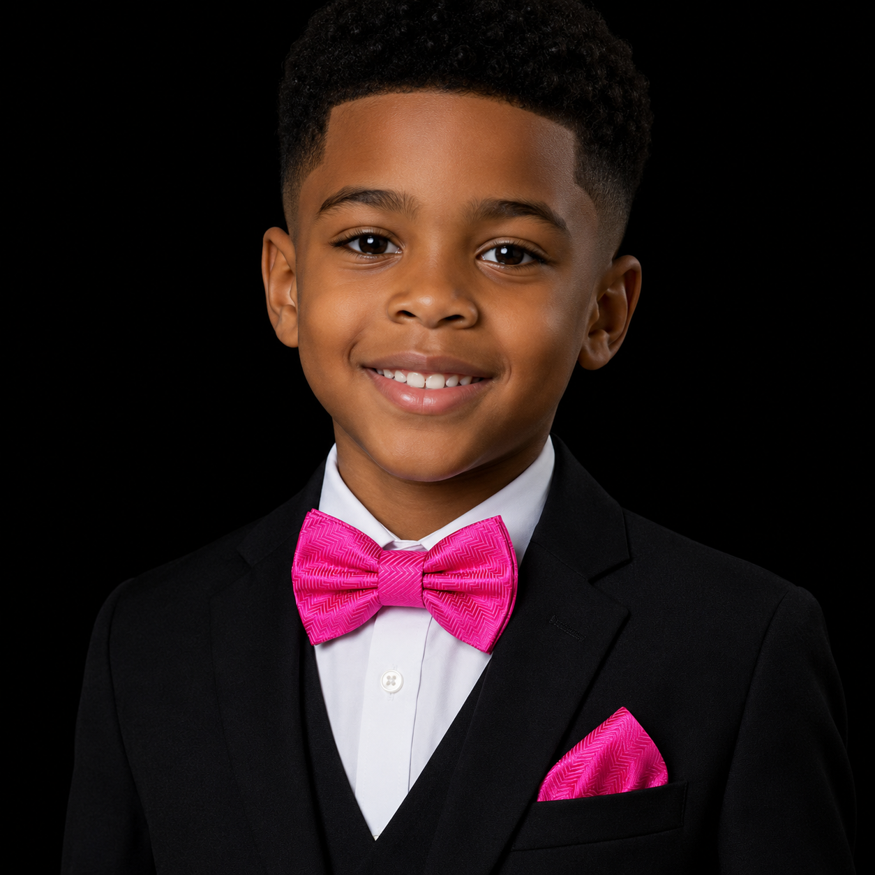 A young boy wearing a black formal suit, white dress shirt, and a bright pink bow tie with a matching pink pocket square, photographed against a solid black background.