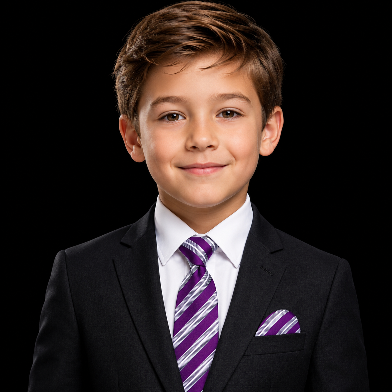 Boy wearing suit with purple tie and square