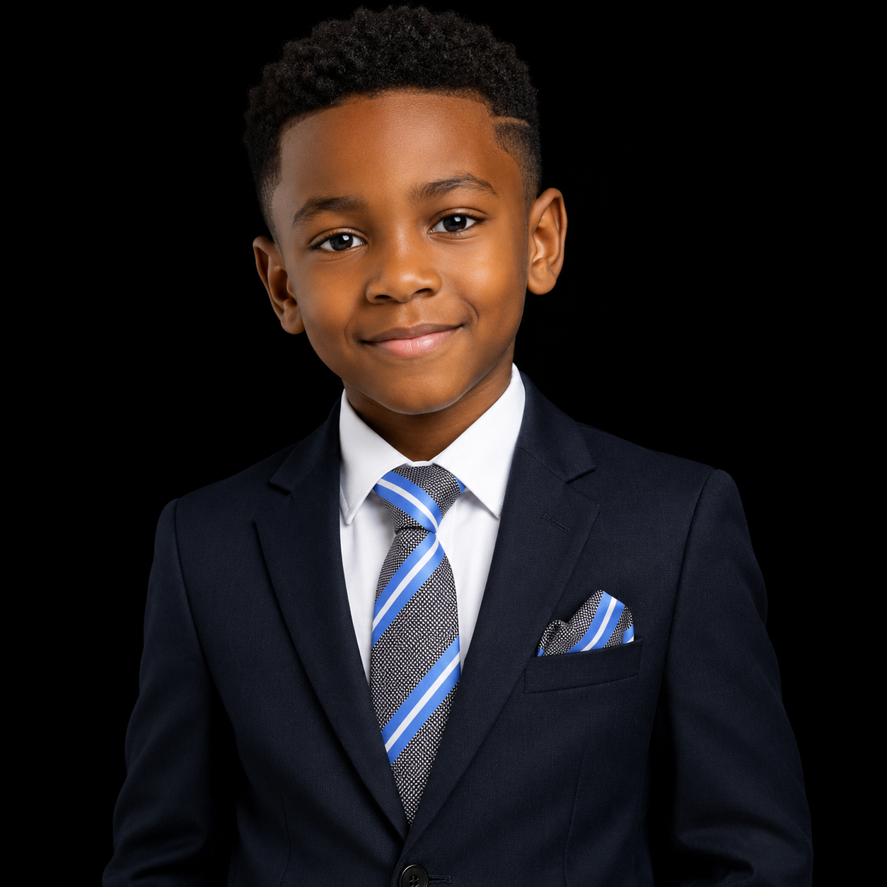 Young boy in a dark suit with a blue tie on a black background