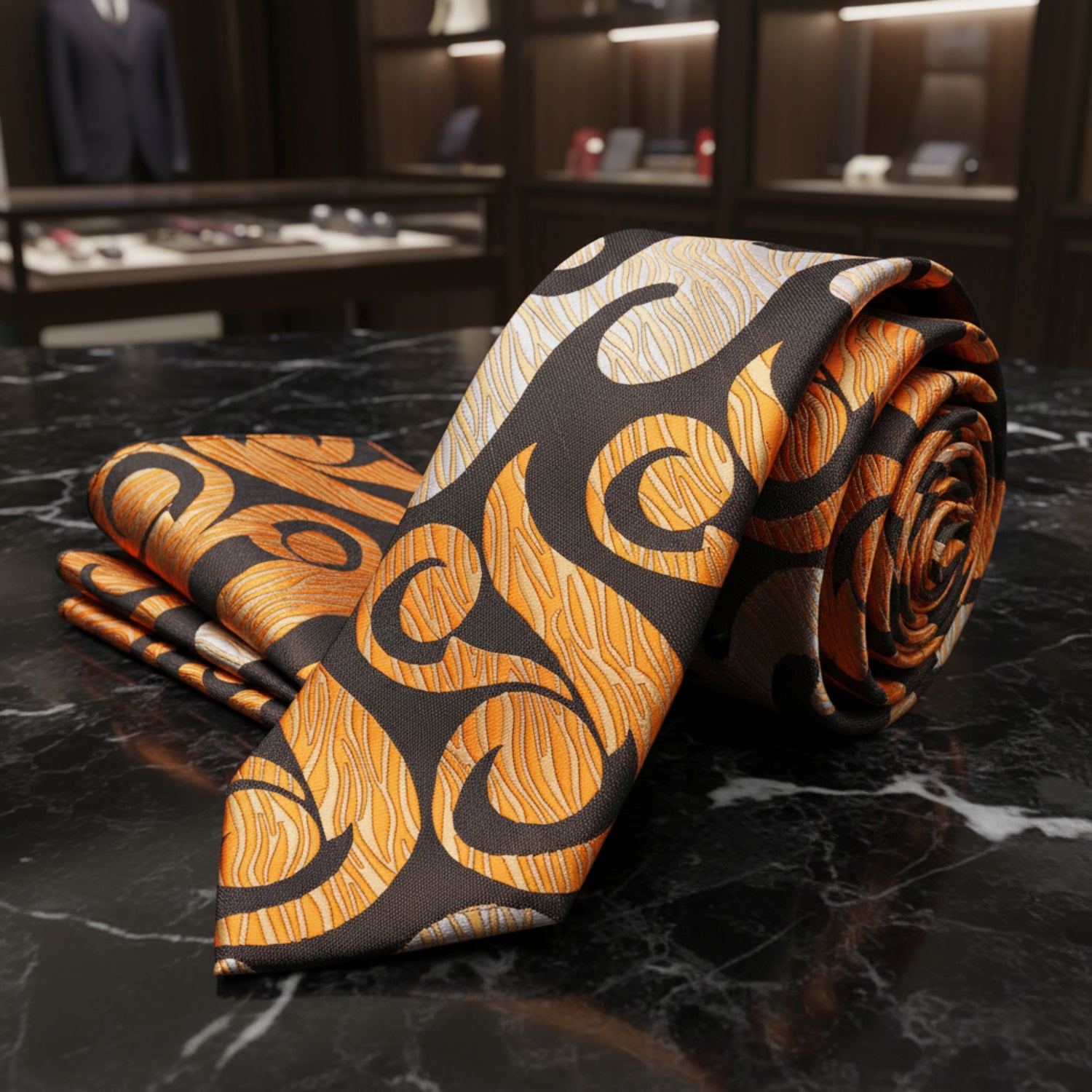 A men's necktie and matching pocket square set with a bold abstract scroll pattern in orange, black, and beige on a white background.