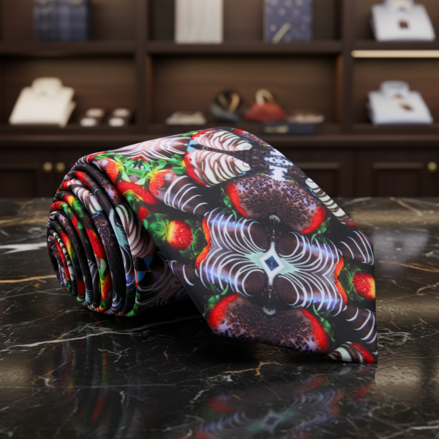 A rolled necktie featuring a vibrant, symmetrical kaleidoscopic pattern with strawberries, black and white stripes, and neon-like light effects on a dark background, i 