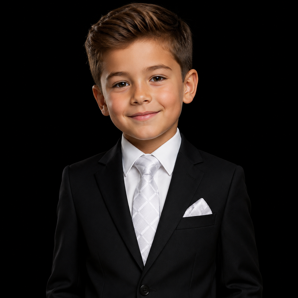 Young boy in a black suit with a white shirt and tie on a black background