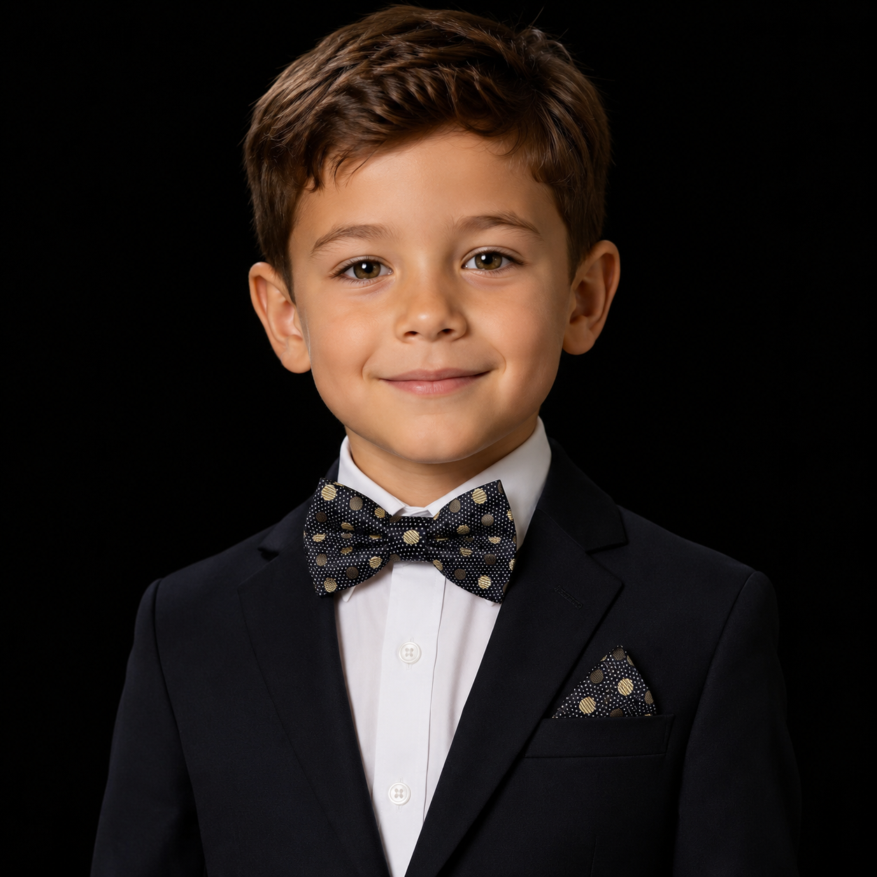 child wearing black gold polka bow tie and square