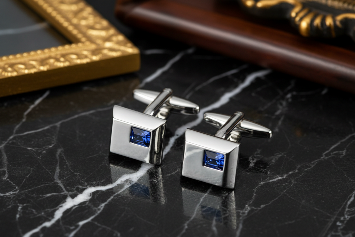 chrome and blue cufflinks