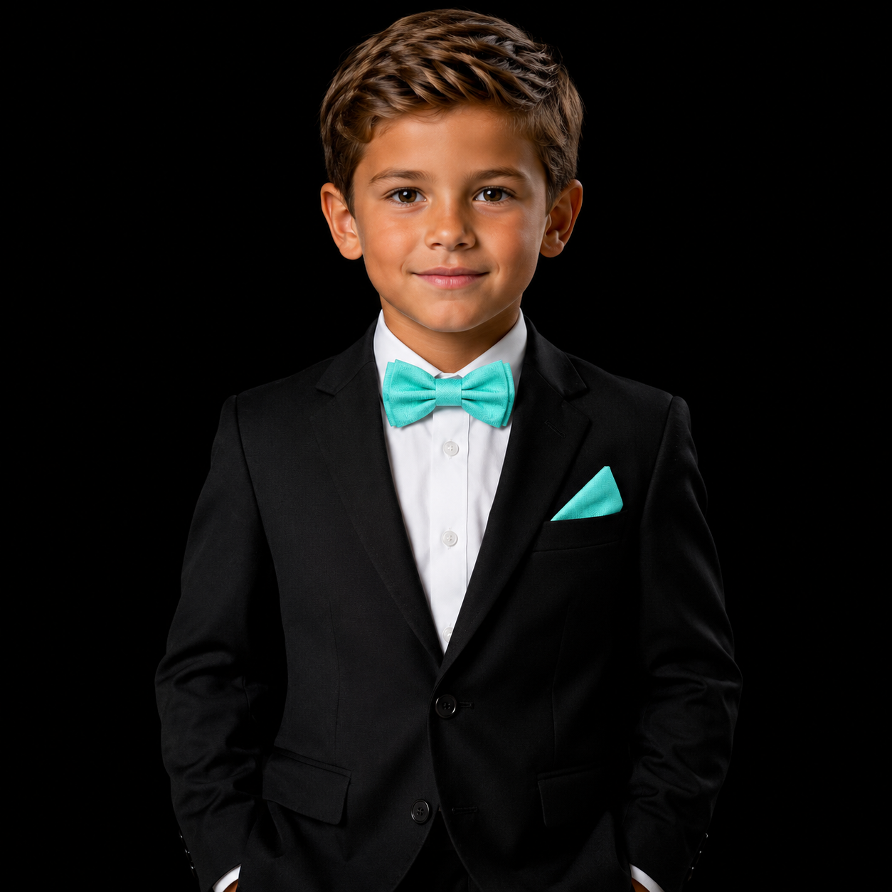 Young boy in a black suit with a turquoise bow tie on a black background