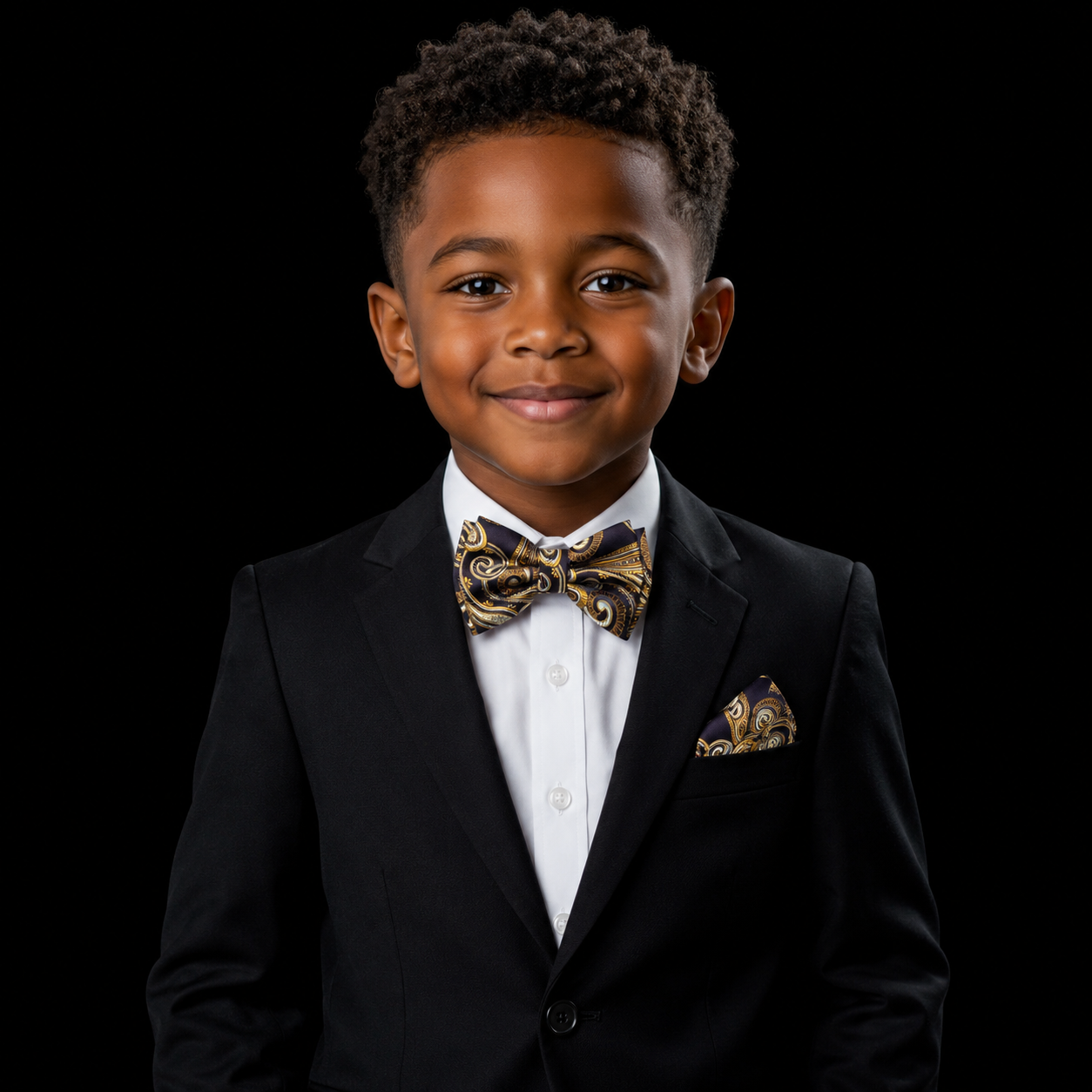 Young boy in a formal black suit with gold bow tie and pocket square on a black background