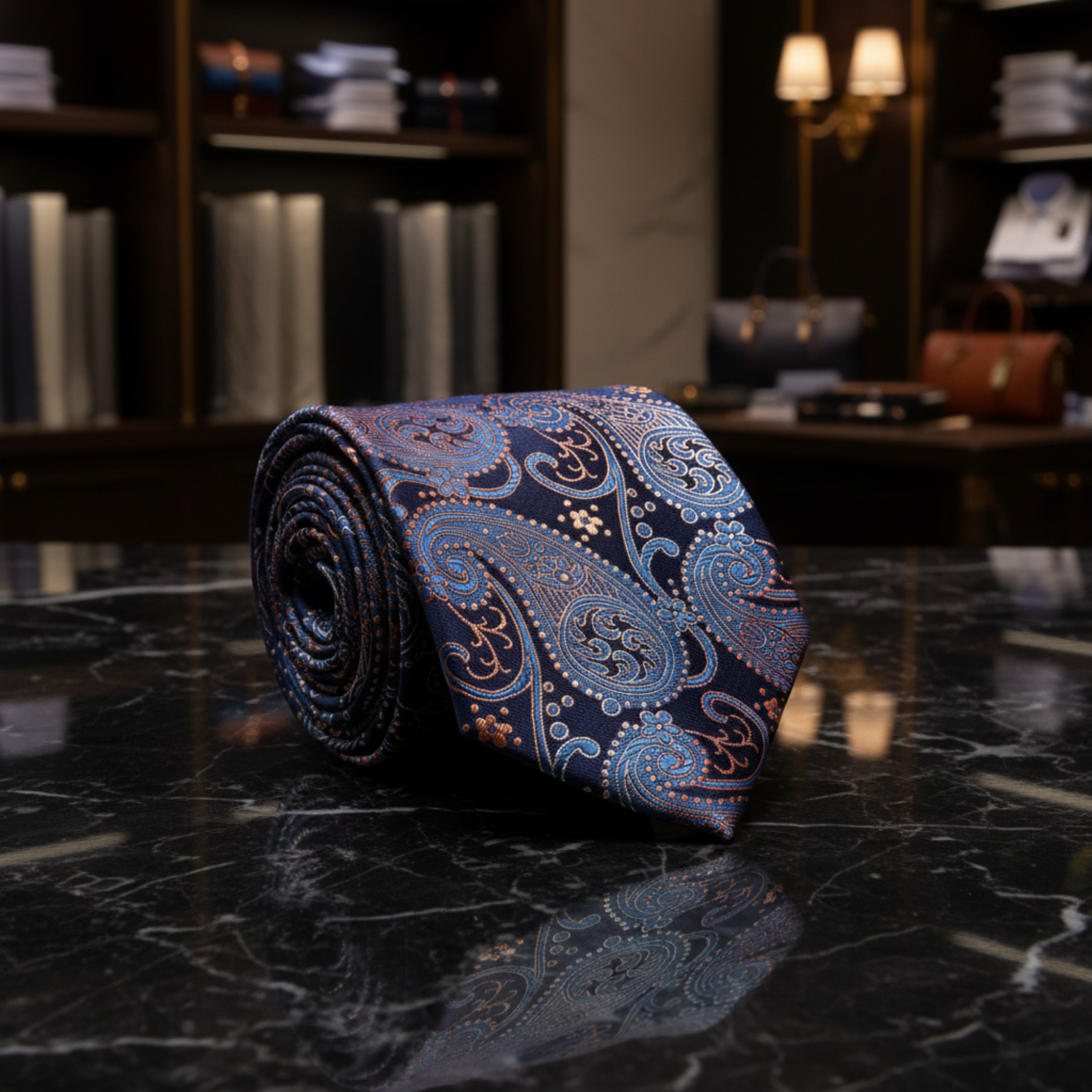 dark blue red and orange paisley tie  