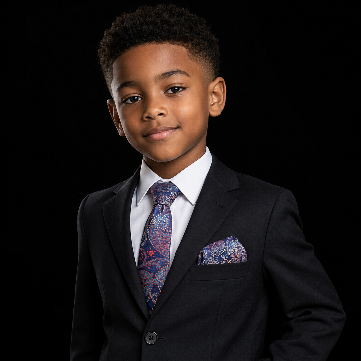 dark blue red and orange paisley tie and square on boy with suit