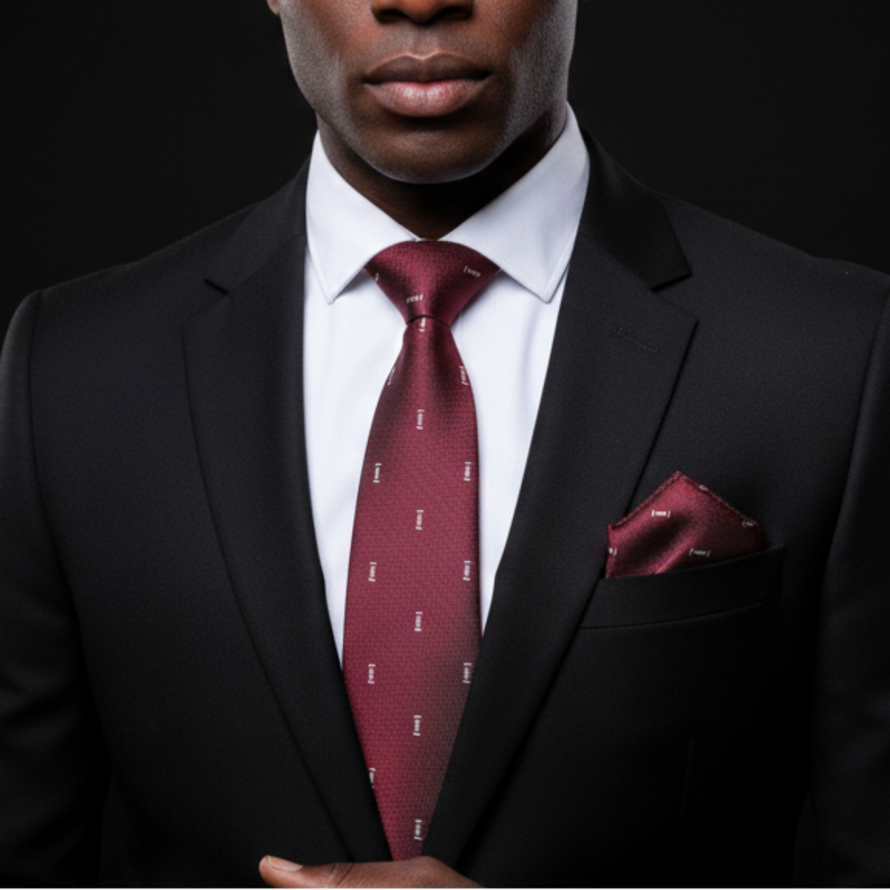 Man wearing a black suit with a red tie and pocket square on a dark background