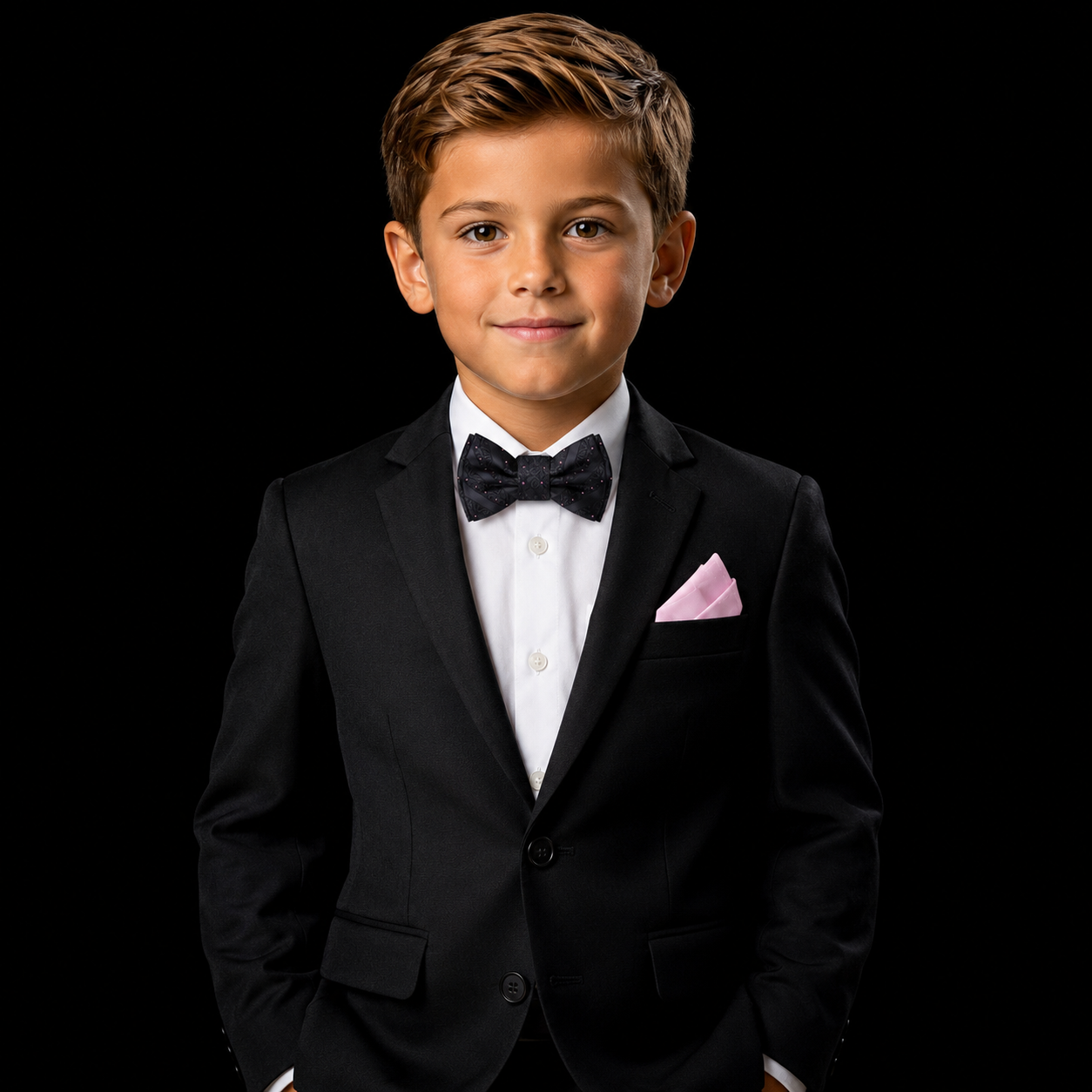 Young boy in a formal black suit with a bow tie and pink handkerchief on a black background