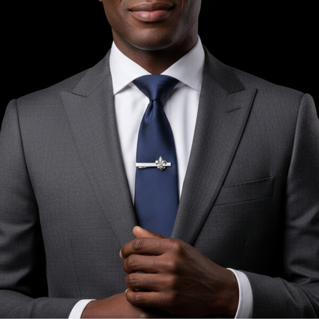 Man wearing a gray suit with a blue tie and silver tie clip against a black background