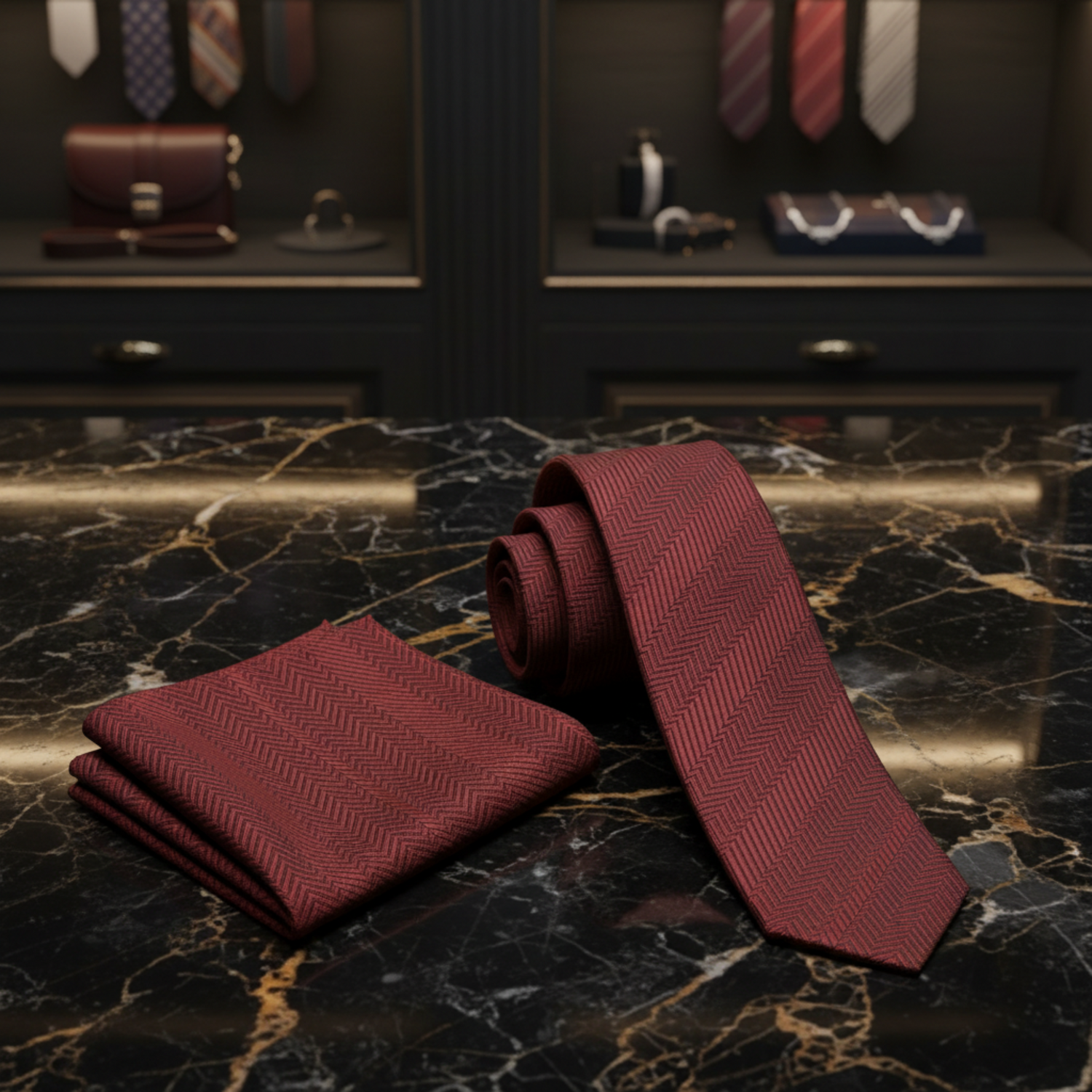 A men's necktie and matching pocket square set in a deep burgundy red with a fine herringbone pattern, displayed on a clean white background.