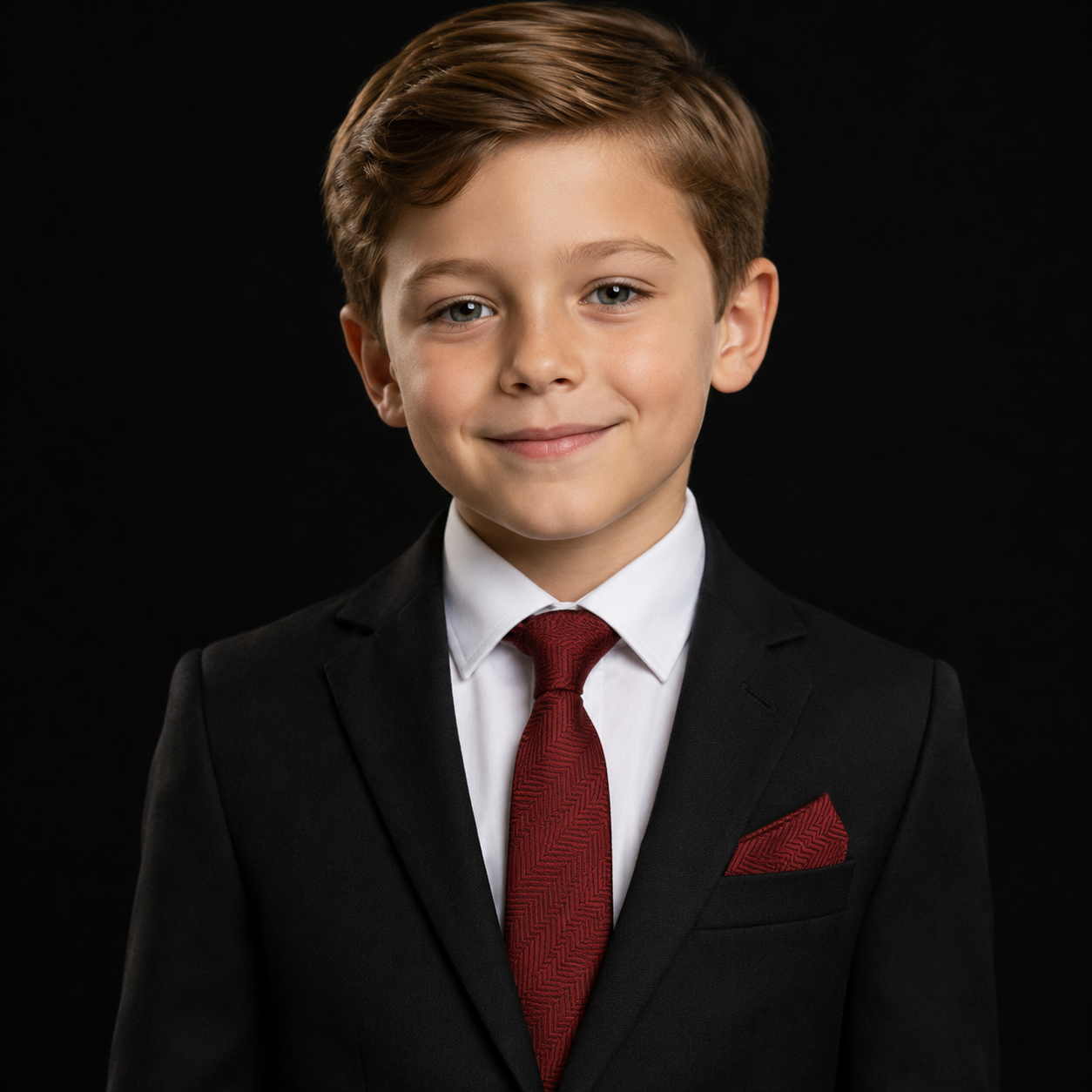 A young boy with light brown hair is wearing a black suit jacket, a white dress shirt, a textured dark red tie, and a matching dark red pocket square, set against a solid black background.