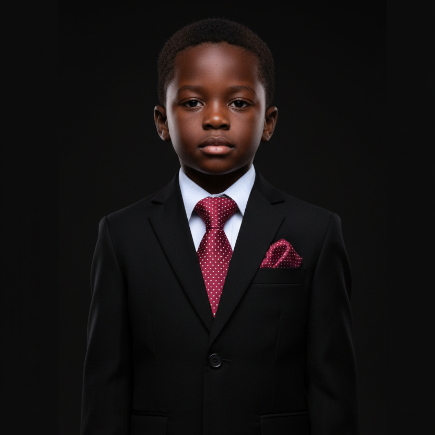 Young boy in a black suit with a red tie and pocket square on a black background