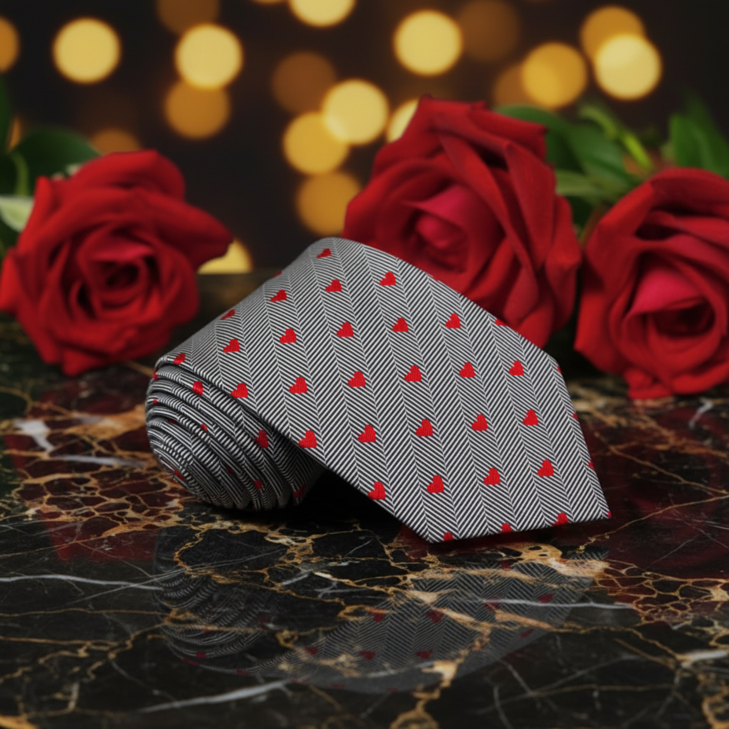 Silver Gray Stripe Red Hearts Tie with Pocket Square Option