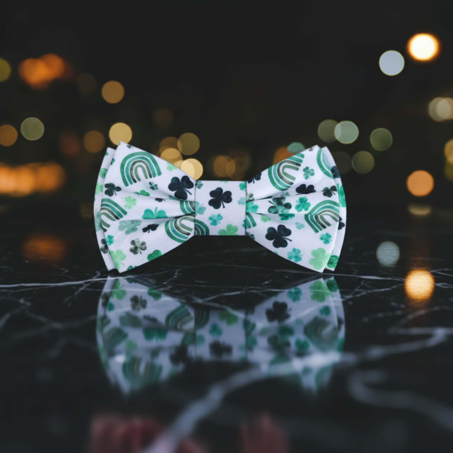 White with Shades of Green Clovers and Rainbows Bow Tie with flower background