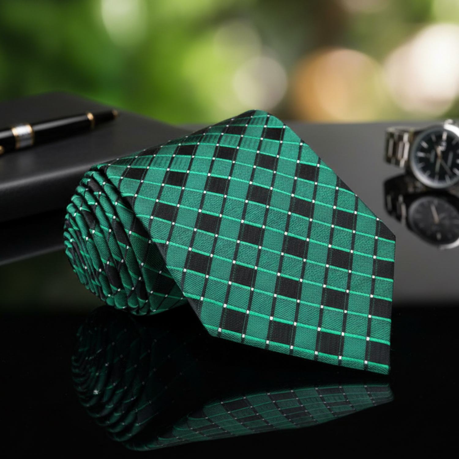 A folded necktie with a geometric pattern