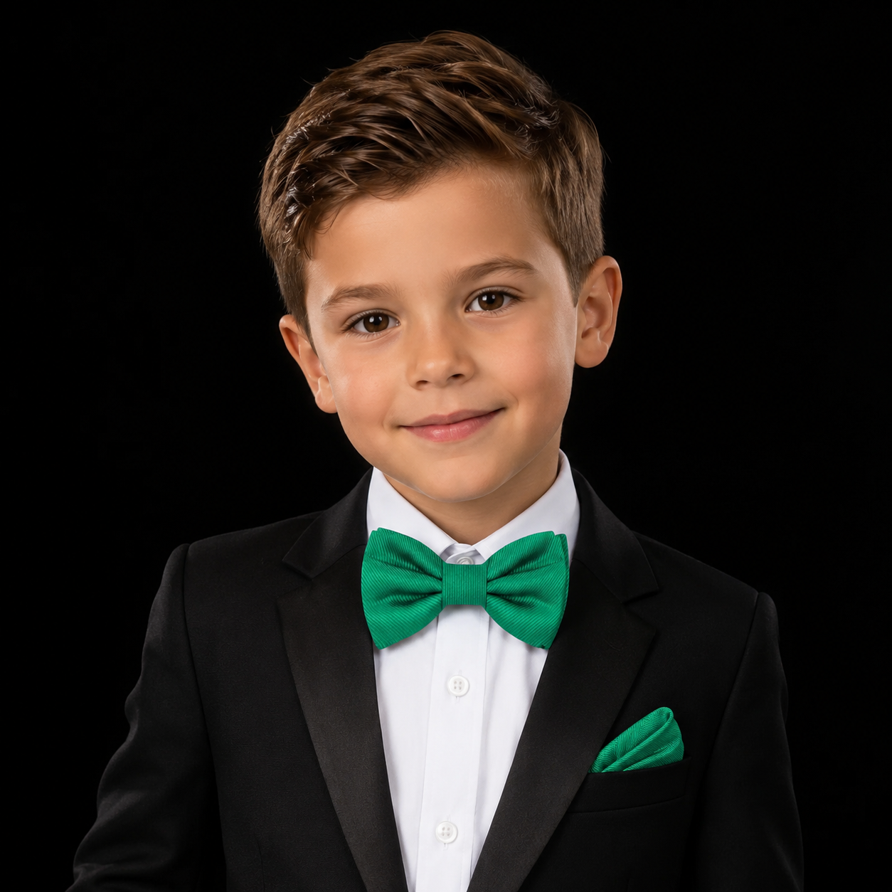 Young boy in a black suit with a green bow tie on a black background